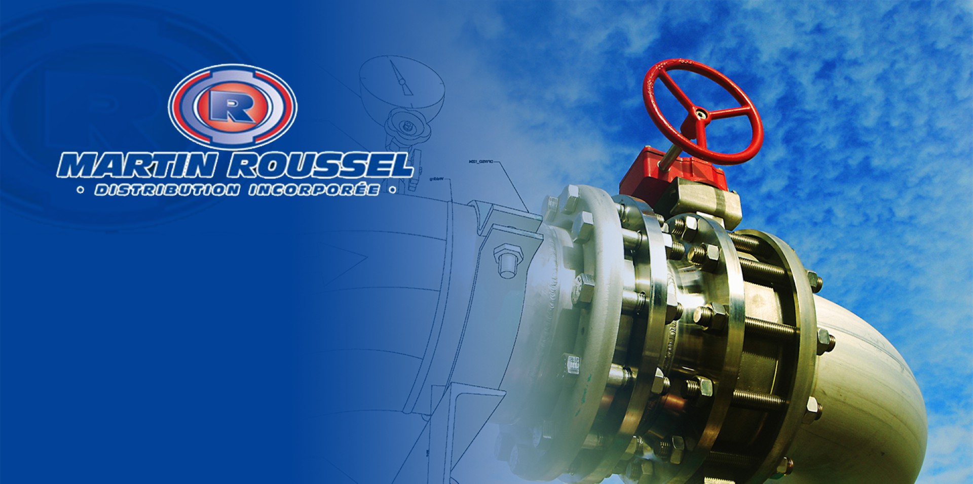 Logo de Martin Roussel Distribution avec une vanne industrielle sur fond bleu et ciel, symbolisant la robustesse des équipements industriels.