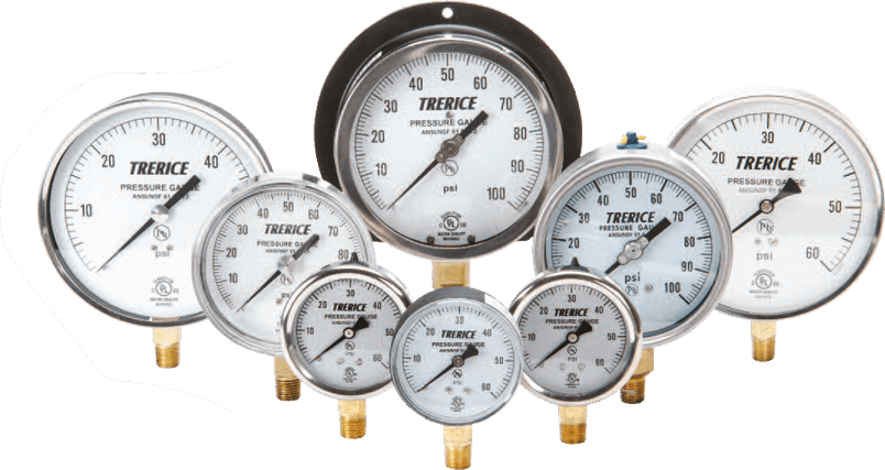 Collection de manomètres industriels de la marque Trerice, avec différentes tailles et plages de pression, adaptés pour diverses applications industrielles.